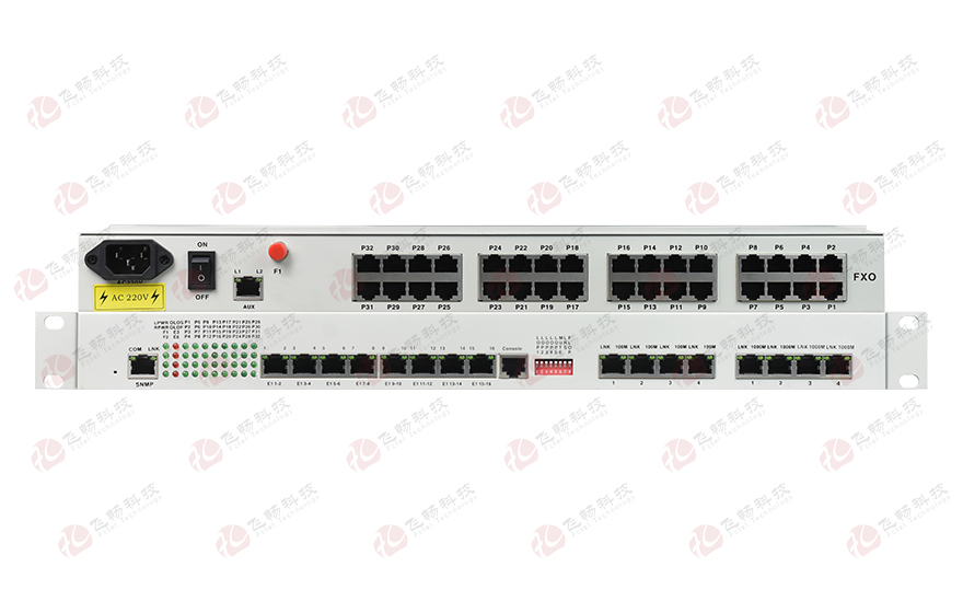 飛暢科技-32路電話+16E1+4FE+4GE+2路數(shù)據(jù)+SNMP+console（19英寸，物理隔離）電話光端機(jī)