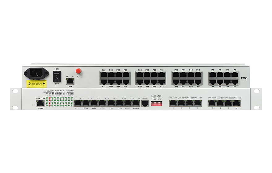 飛暢科技-32路電話+16E1+4FE+4GE+2路數(shù)據(jù)+SNMP+console（19英寸，物理隔離）電話光端機